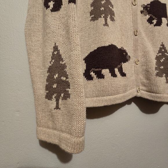 Vintage 90s Christopher Banks Bear Tree Knit Cardigan Sweater Womens LG Cabin - Picture 3 of 11